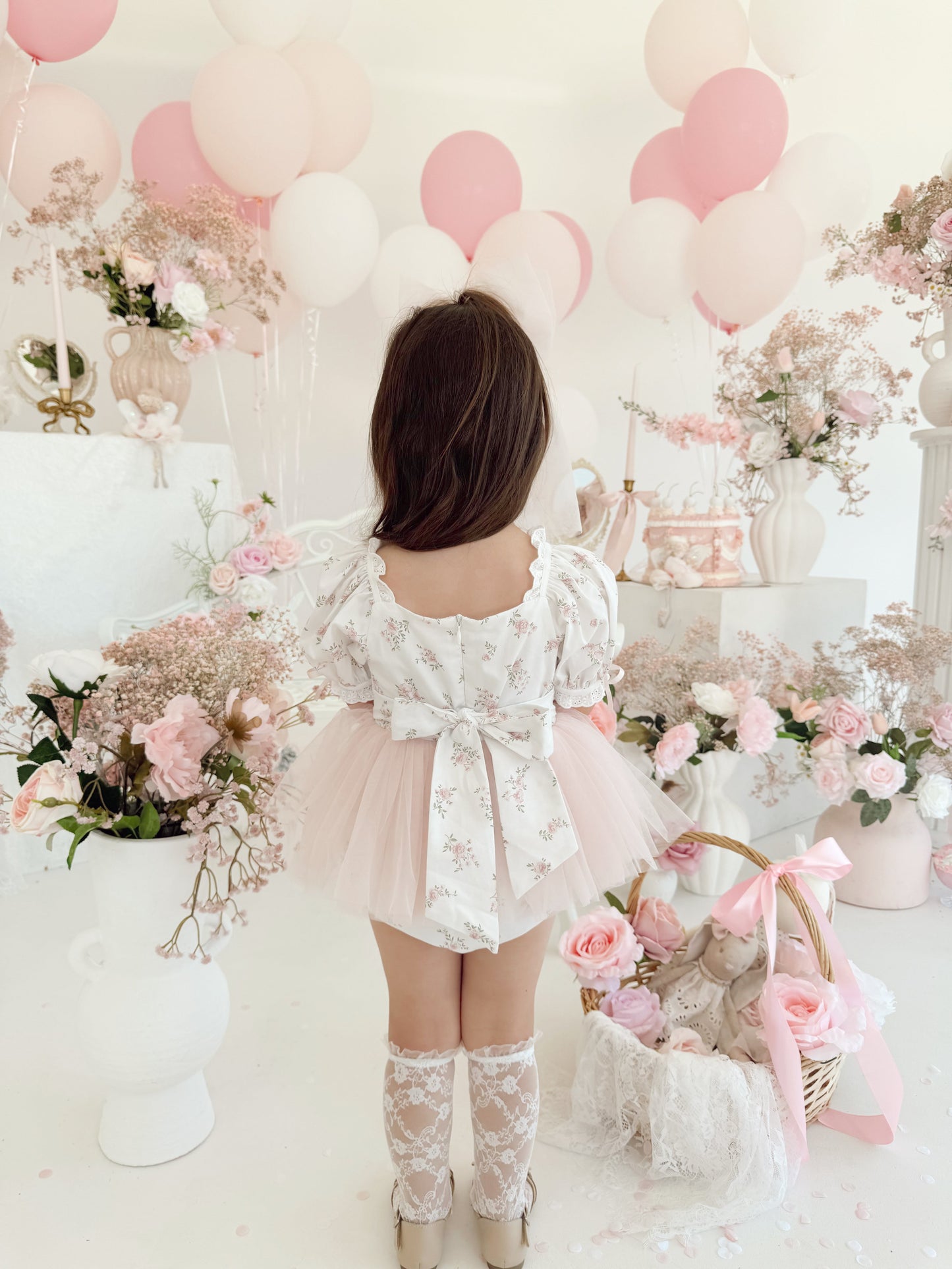Odessa Flower Perfect Pink Floral Baby Girl Tulle Party Romper