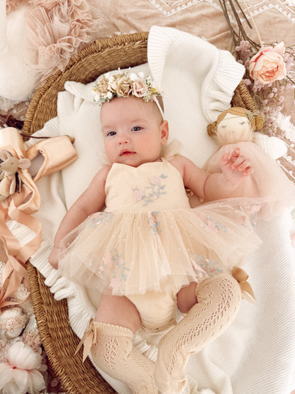The Rose Champagne Embroidered Baby Girl Tulle Party Romper