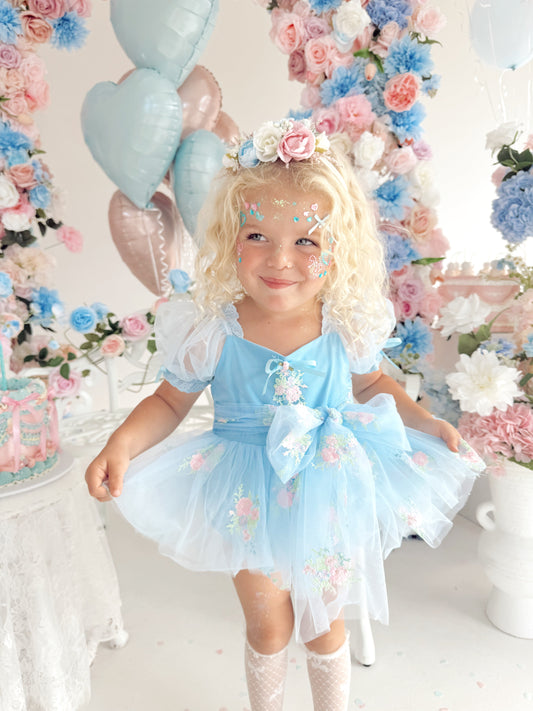 Afina Blue Embroidered Baby Girl Tulle Party Romper