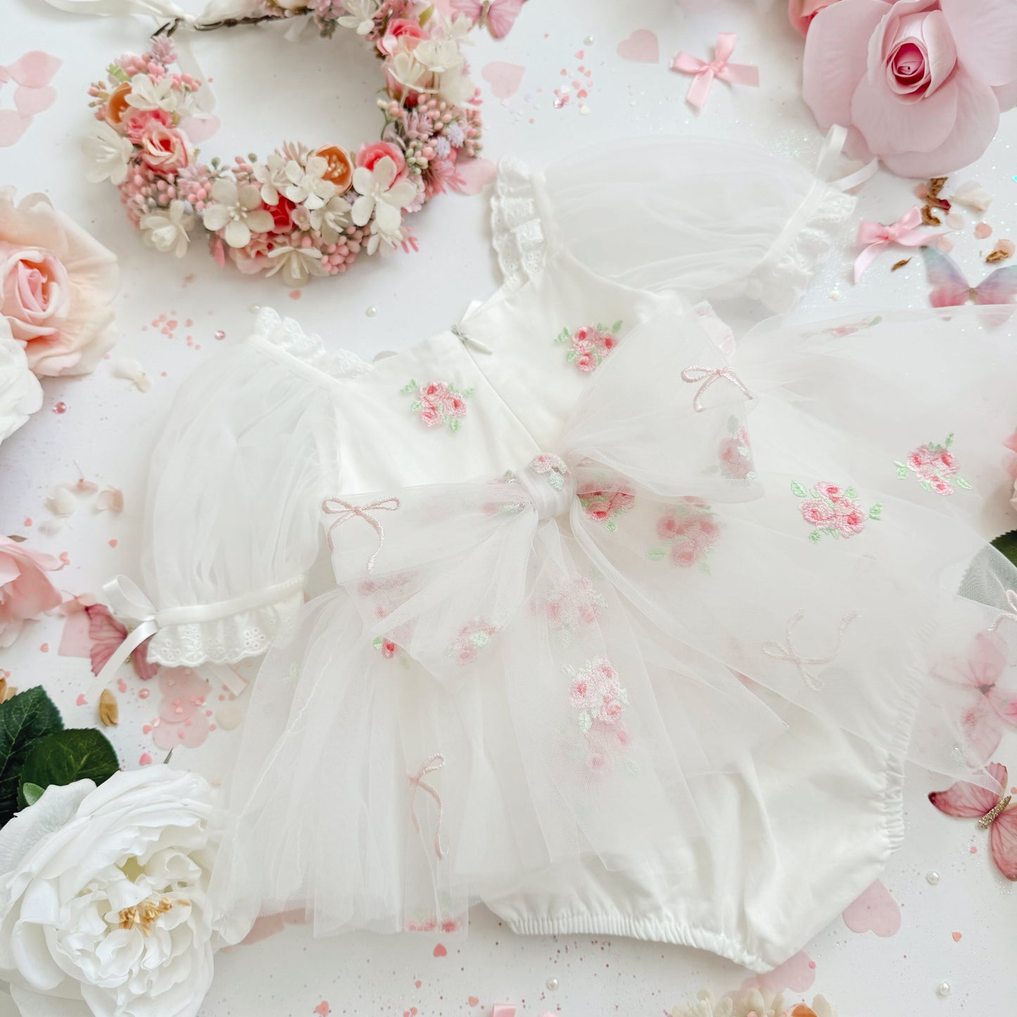 Fleur Butterfly Embroidered Baby Girl White Tulle Party Romper