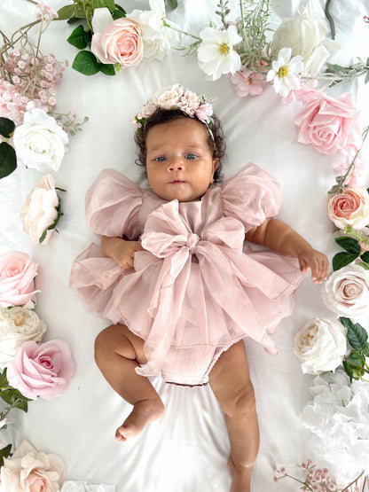 Clementine Matte Blush Rose Pink Organza Baby Girl Romper