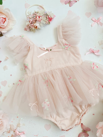 Belle Bow Perfect Pink Embroidered Baby Girl Tulle Party Romper