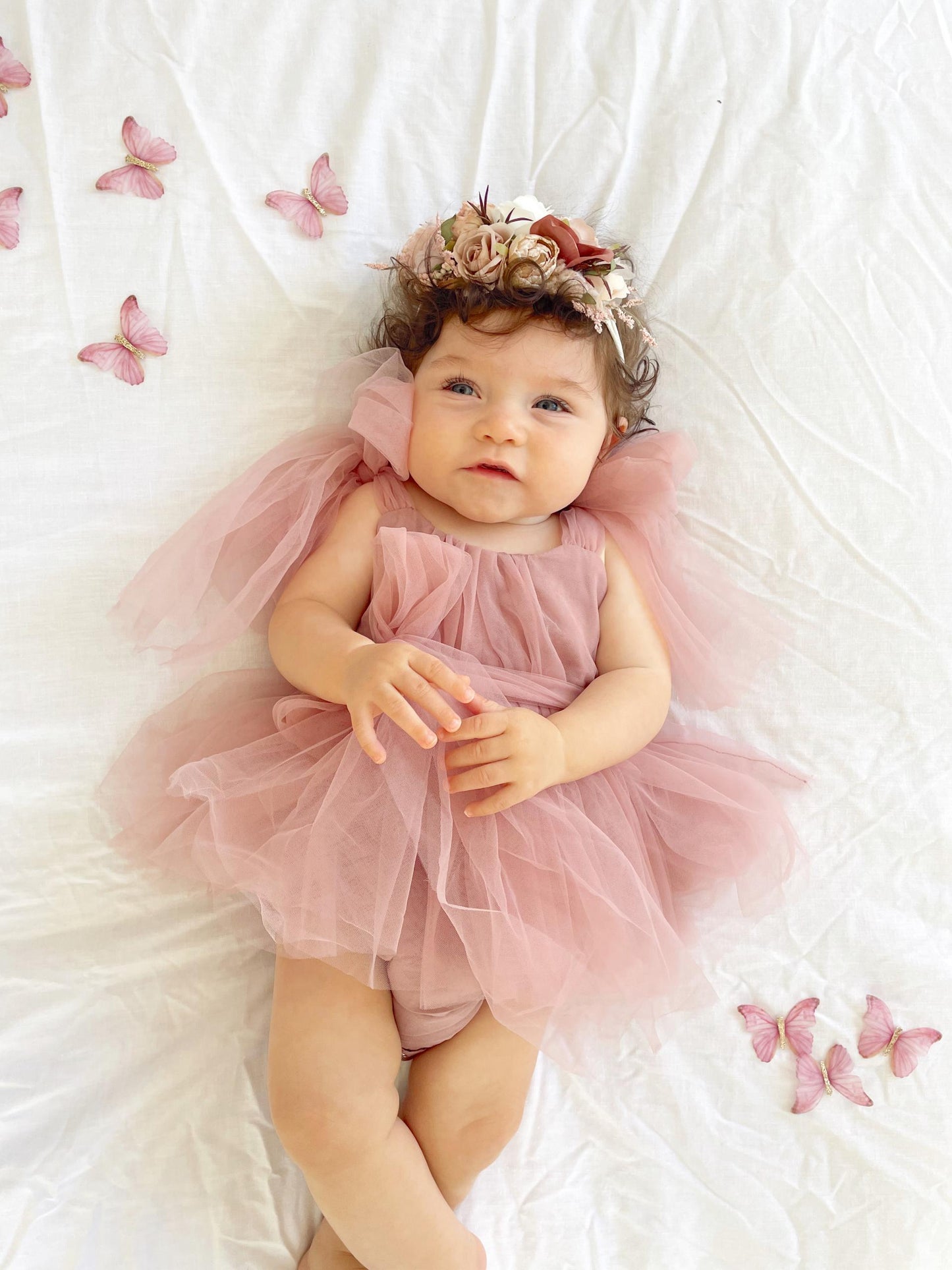 English Rose Dusty Rose Pink Baby Girl Tulle Romper