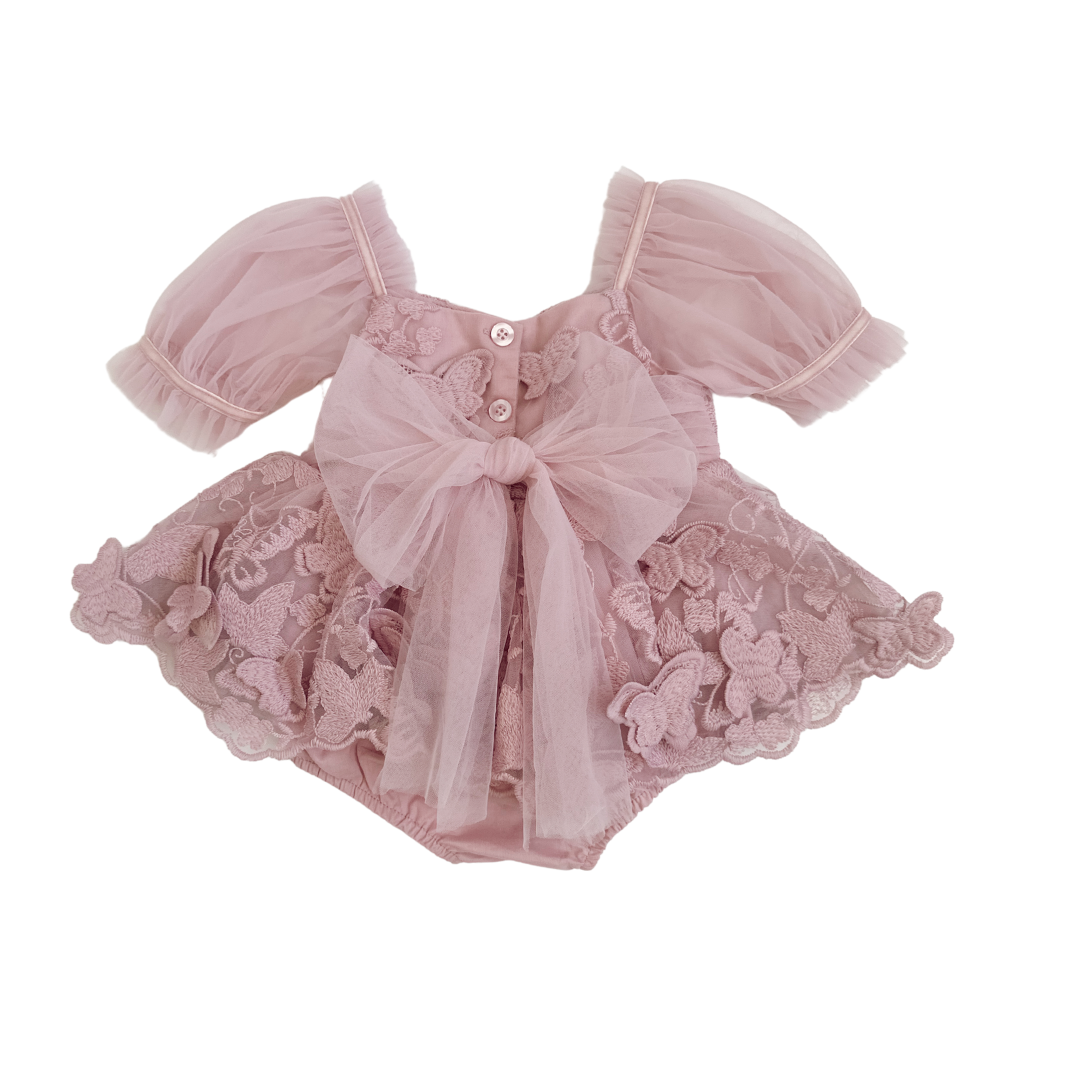 Butterfly Kisses Dusty Rose Pink Embroidered Baby Girl Party Romper