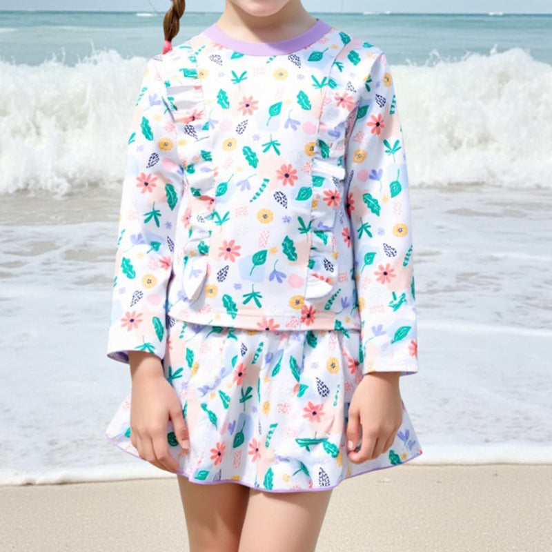 Summer Long Sleeve Baby Girl Sun Protection Swimsuit Two Piece Set