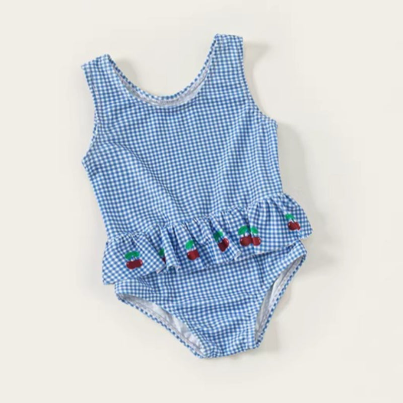 Girls New Summer Plaid Onesie Swimsuit