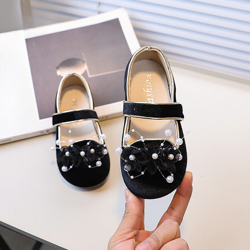 Girls Flower Pearl Princess Shoes Children's Velvet Leather Shoes