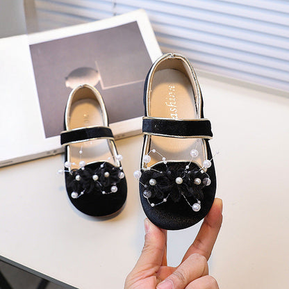 Girls Flower Pearl Princess Shoes Children's Velvet Leather Shoes