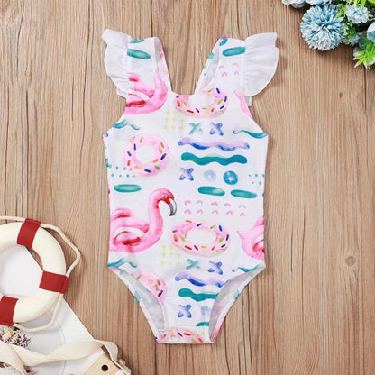 Baby Starfish and Shell Print One-piece Lotus Leaf Bow Swimsuit
