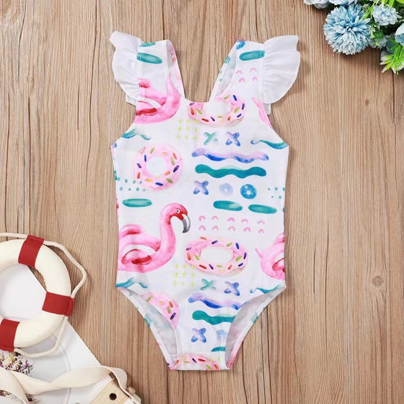 Baby Starfish and Shell Print One-piece Lotus Leaf Bow Swimsuit