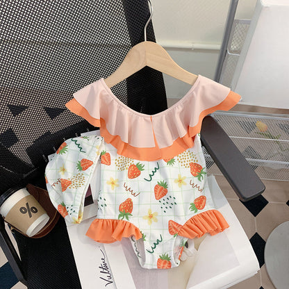 Girls Summer Cute Strawberry Princess One-Piece Swimsuit