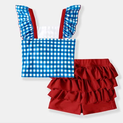Girls' Summer Plaid Swimsuit Swim Trunks and Swim Cap Three-Piece Set