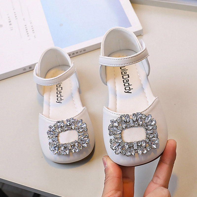 Baby Girls  Square Toe Crystal Leather Shoes