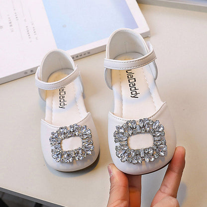 Baby Girls  Square Toe Crystal Leather Shoes