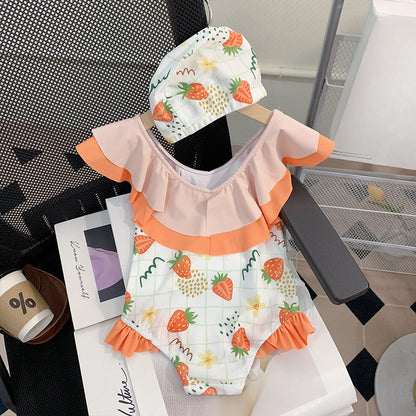 Girls Summer Cute Strawberry Princess One-Piece Swimsuit