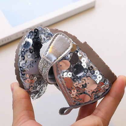 Bowknot Rhinestone Princess Shoes Sequined Leather Shoes