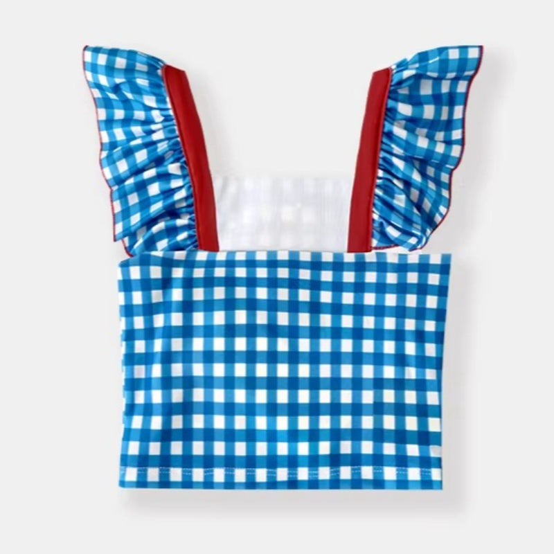 Girls' Summer Plaid Swimsuit Swim Trunks and Swim Cap Three-Piece Set