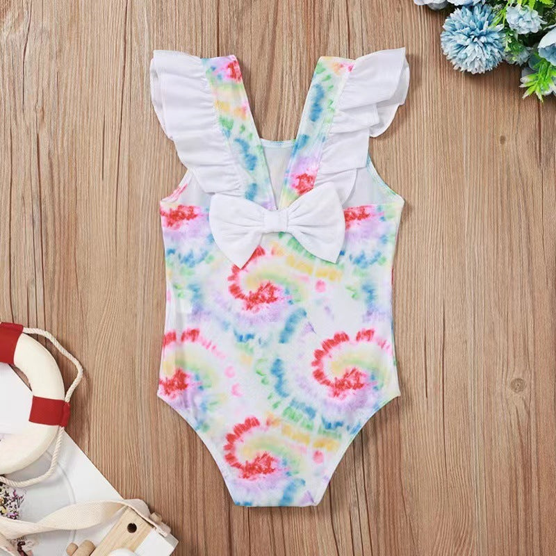 Baby Starfish and Shell Print One-piece Lotus Leaf Bow Swimsuit
