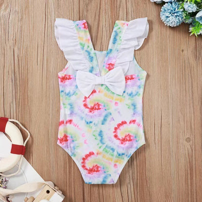 Baby Starfish and Shell Print One-piece Lotus Leaf Bow Swimsuit