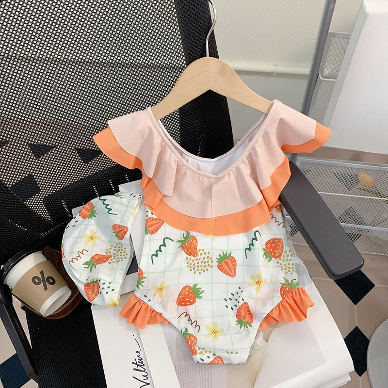 Girls Summer Cute Strawberry Princess One-Piece Swimsuit