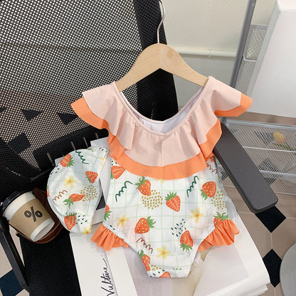 Girls Summer Cute Strawberry Princess One-Piece Swimsuit