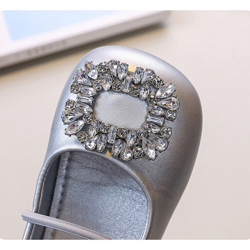 Children's Square Toe Crystal Leather Shoes