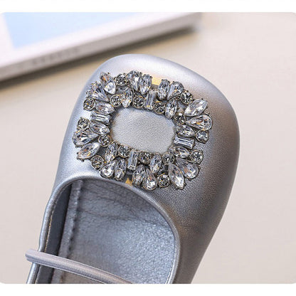 Children's Square Toe Crystal Leather Shoes
