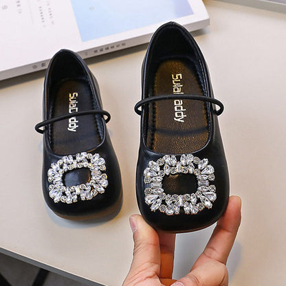 Children's Square Toe Crystal Leather Shoes