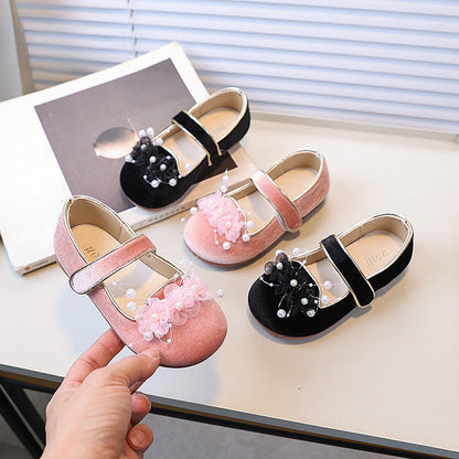 Girls Flower Pearl Princess Shoes Children's Velvet Leather Shoes