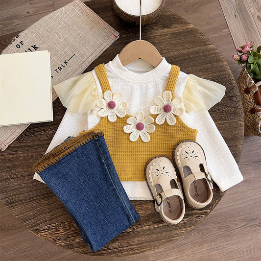 Girls Autumn School Outfit Girls Floral Vacation Outfit Three-Piece Set