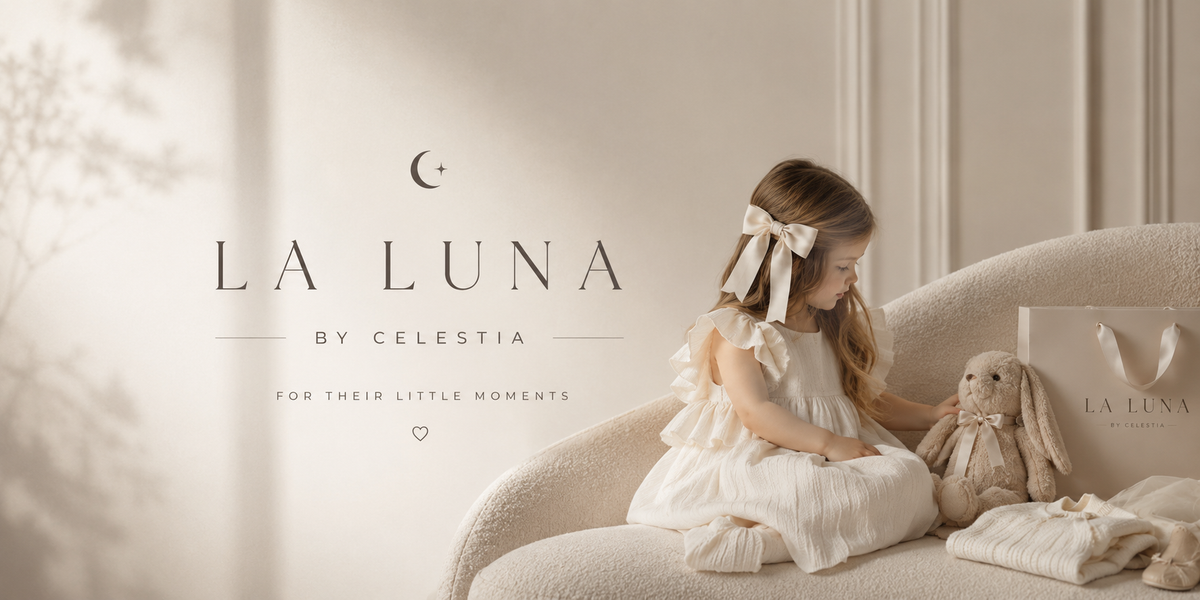 A young girl in a white ruffled dress sits on a cream sofa holding a plush bunny, with a branded LA LUNA shopping bag beside her. The scene is softly lit in warm neutral tones, with large LA LUNA branding text overlaid on the left side.