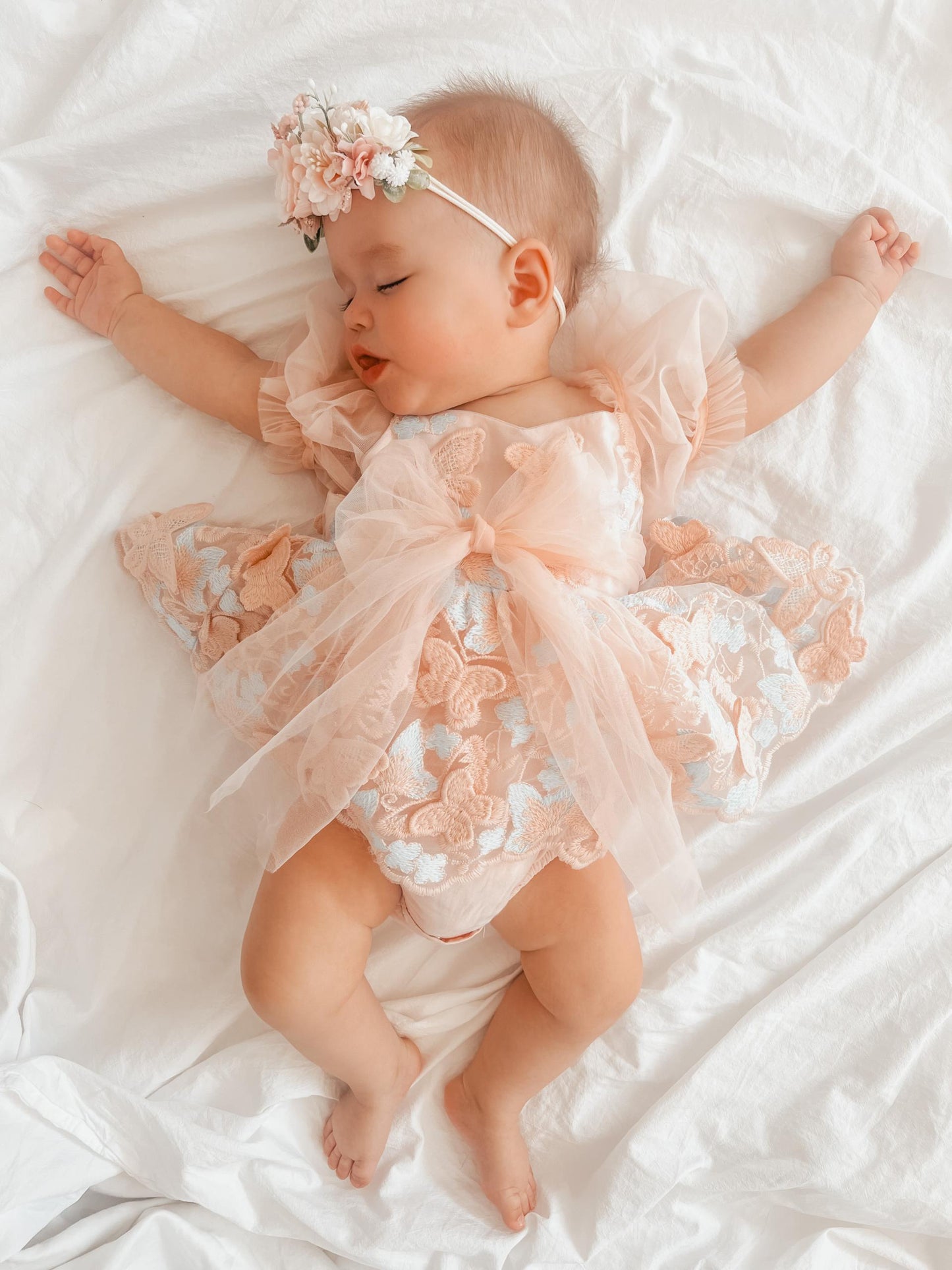Butterfly Kisses Peach Rose Baby Girl Embroidered Tulle Party Romper