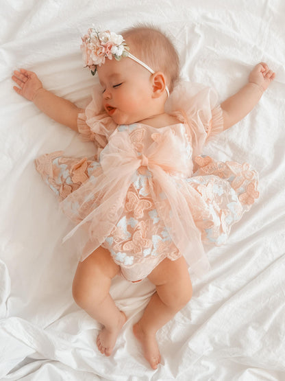 Butterfly Kisses Peach Rose Baby Girl Embroidered Tulle Party Romper