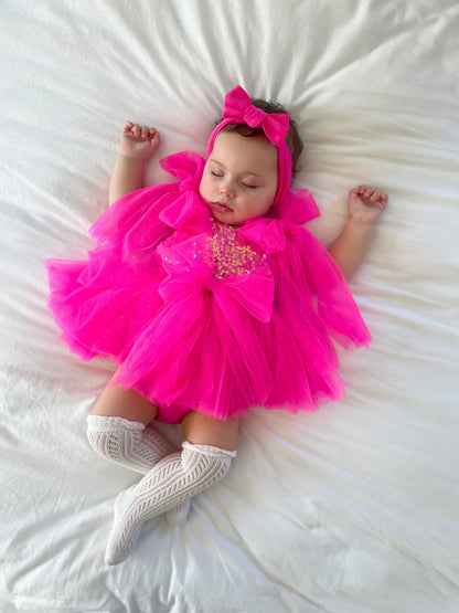 Theodora Fuchsia Pink Sequin Baby Girl Tulle Party Romper