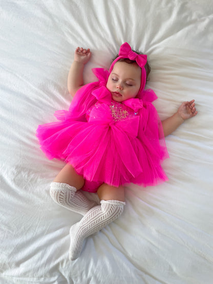Theodora Fuchsia Pink Sequin Baby Girl Tulle Party Romper