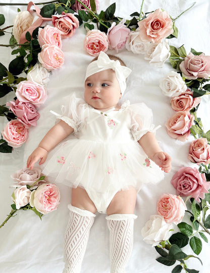 Fleur Butterfly Embroidered Baby Girl White Tulle Party Romper