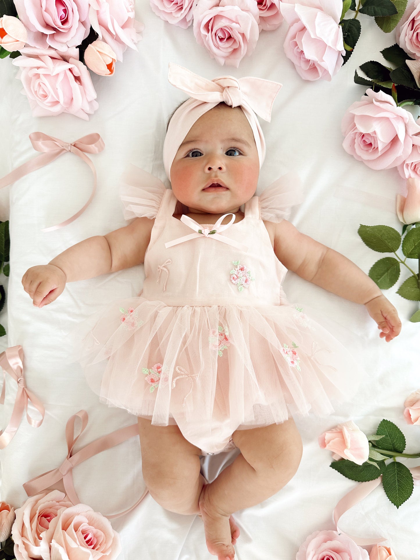 Belle Bow Perfect Pink Embroidered Baby Girl Tulle Party Romper