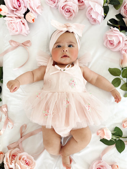 Belle Bow Perfect Pink Embroidered Baby Girl Tulle Party Romper