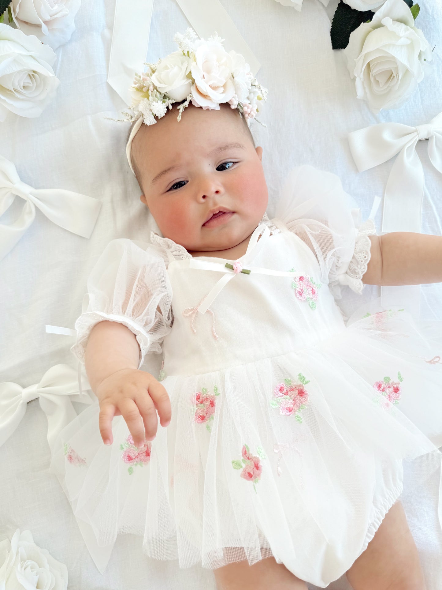 Fleur Butterfly Embroidered Baby Girl White Tulle Party Romper
