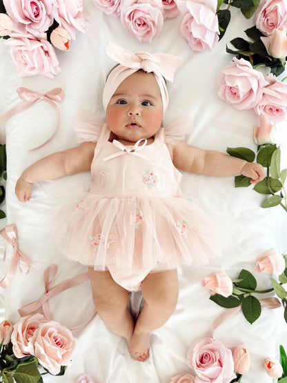 Belle Bow Perfect Pink Embroidered Baby Girl Tulle Party Romper