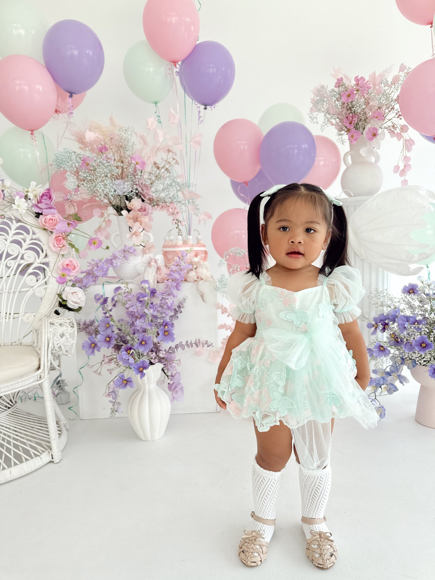 Butterfly Kisses Peppermint Pink Embroidered Baby Girl Tulle Party Romper