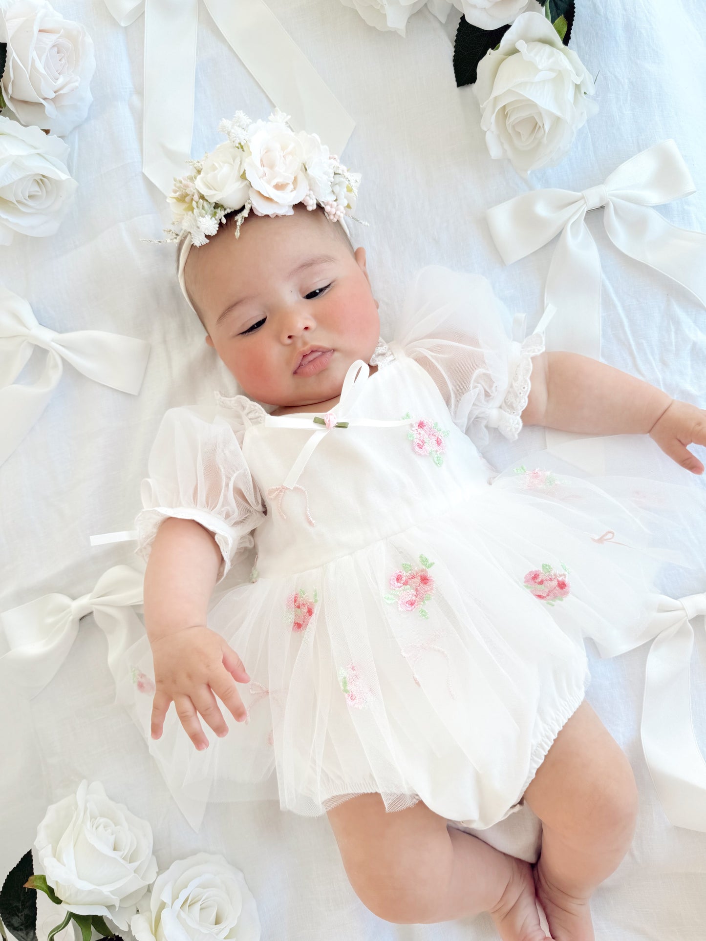 Fleur Butterfly Embroidered Baby Girl White Tulle Party Romper