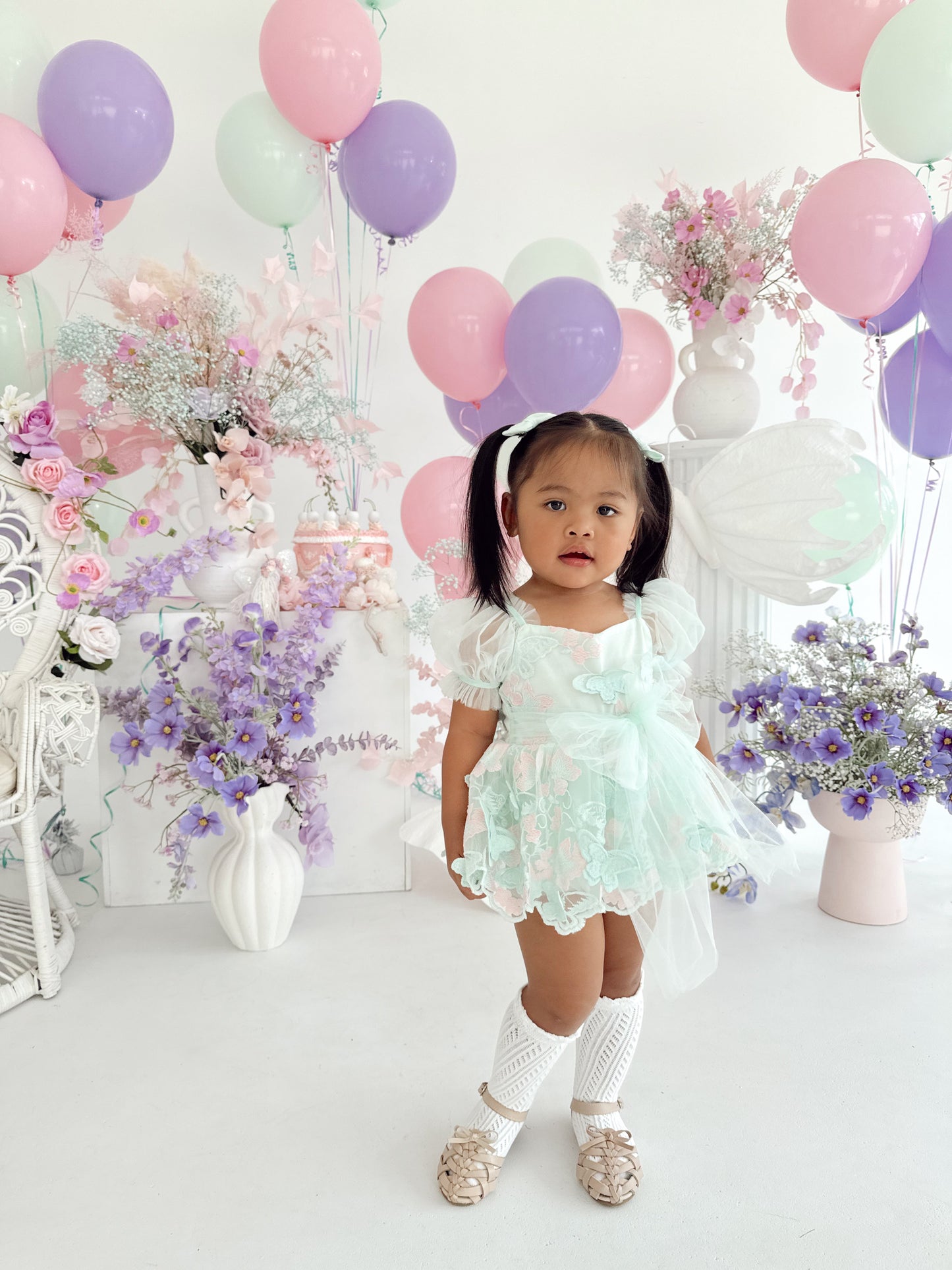 Butterfly Kisses Peppermint Pink Embroidered Baby Girl Tulle Party Romper
