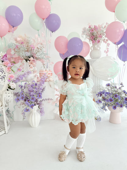 Butterfly Kisses Peppermint Pink Embroidered Baby Girl Tulle Party Romper