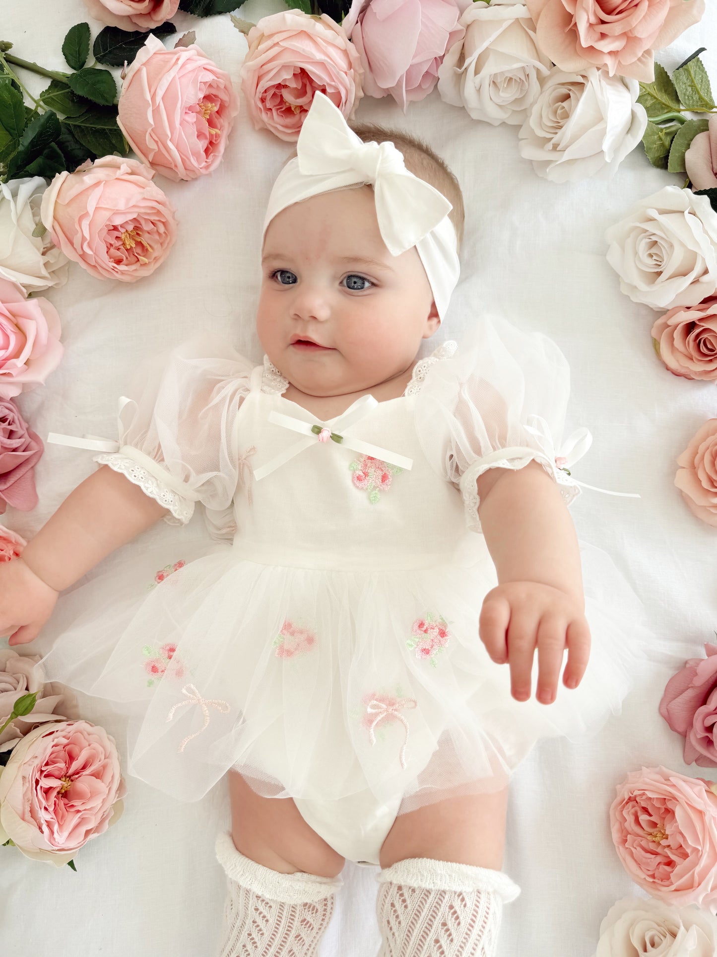 Fleur Butterfly Embroidered Baby Girl White Tulle Party Romper