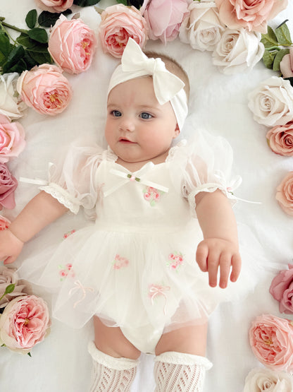 Fleur Butterfly Embroidered Baby Girl White Tulle Party Romper